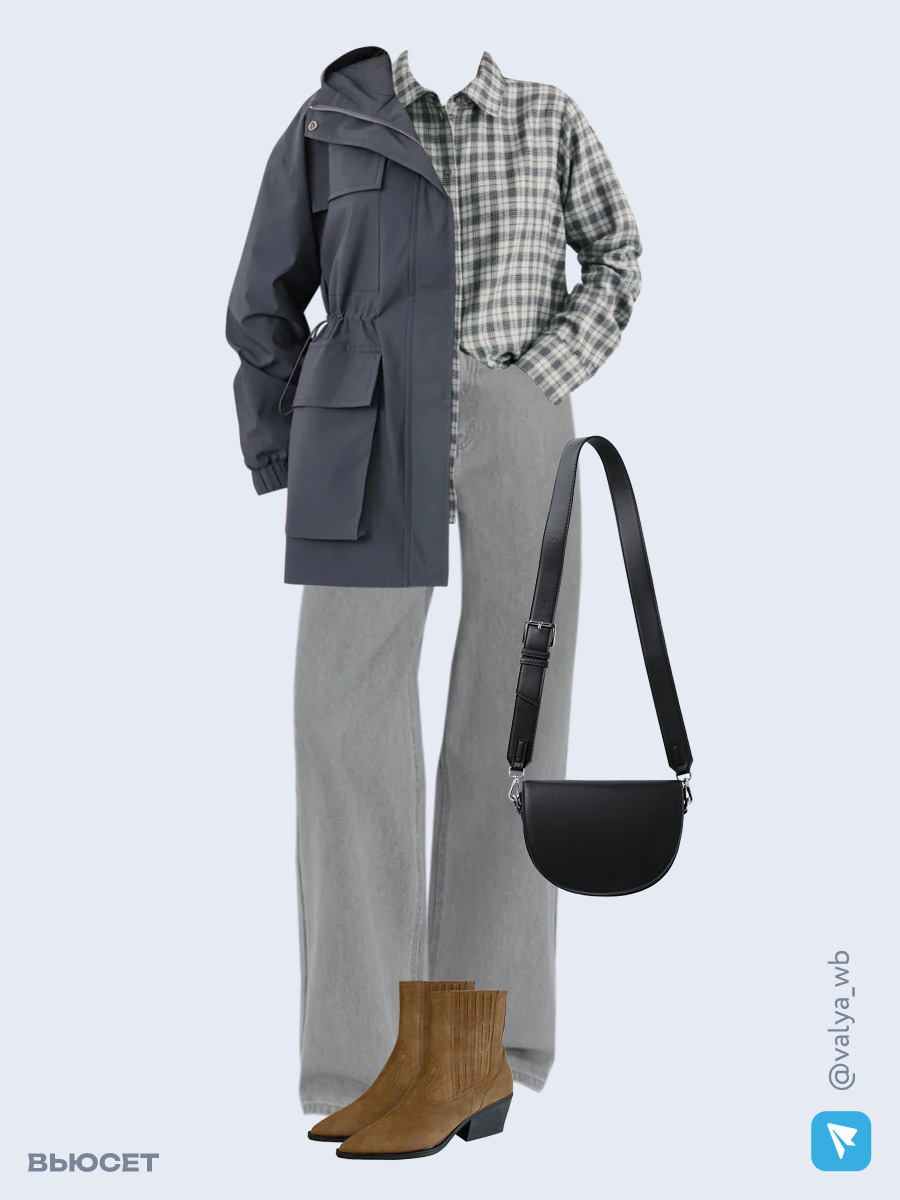 Образ с Вайлдберриз с артикулами (куртка, рубашка, джинсы, сумка, ботильоны)