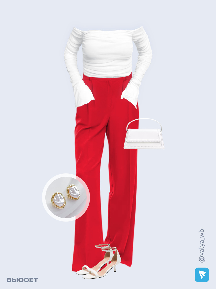 Образ с Вайлдберриз с артикулами (блузка, костюм, сумка, босоножки, серьги)