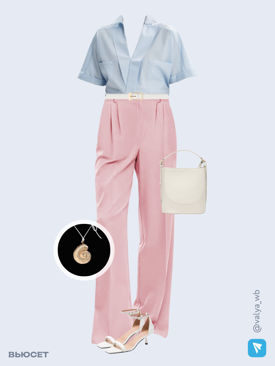 Образ с Вайлдберриз с артикулами (рубашка, костюм, сумка, босоножки, кулон, ремень)