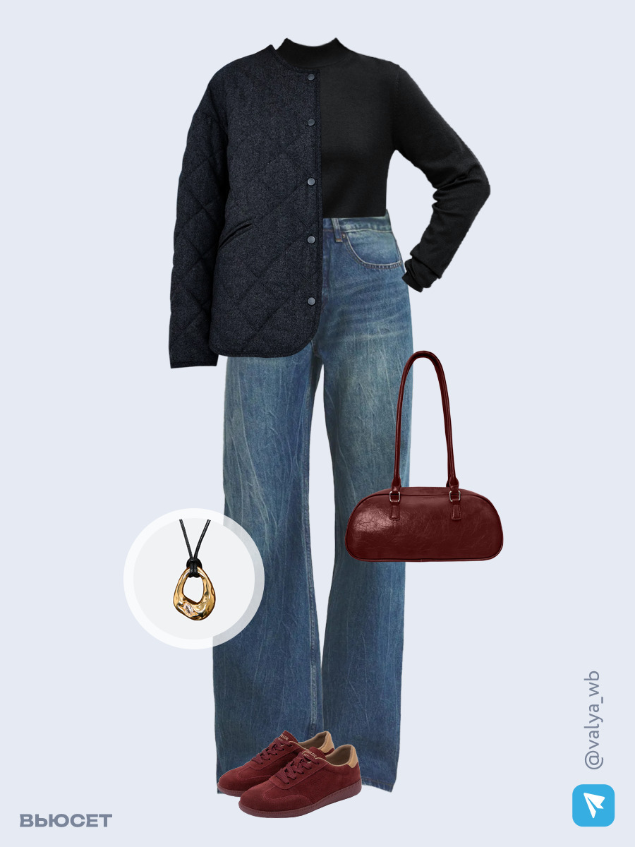 Образ с Вайлдберриз с артикулами (куртка, джемпер, джинсы, сумка, кеды, кулон)
