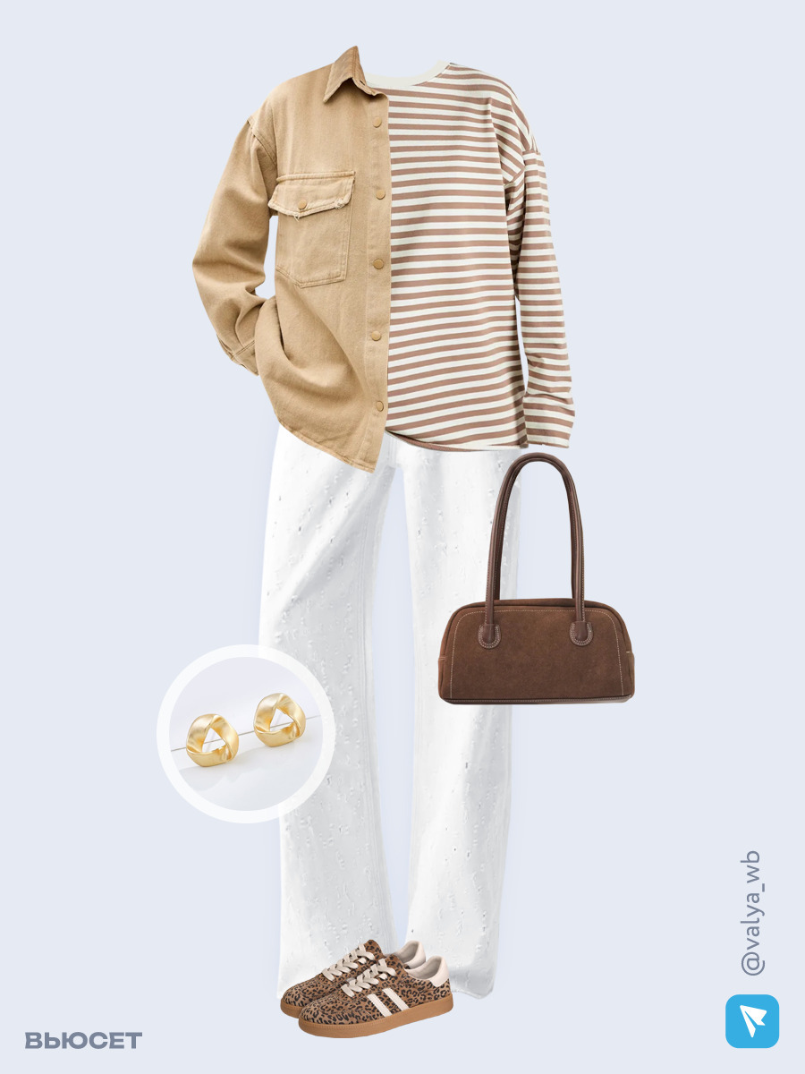 Образ с Вайлдберриз с артикулами (куртка, лонгслив, джинсы, сумка, кеды, серьги)