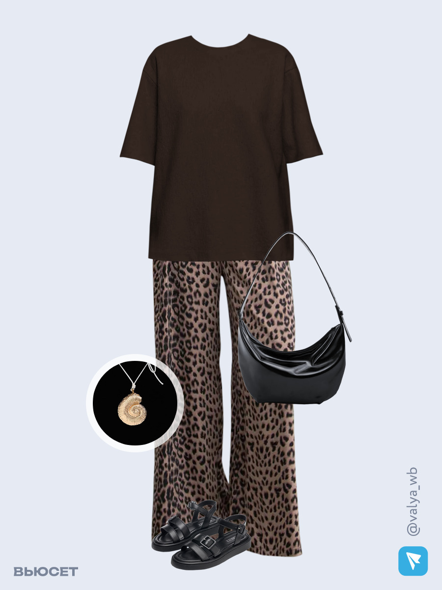 Образ с Вайлдберриз с артикулами (джемпер, брюки, сумка, сандалии, кулон)