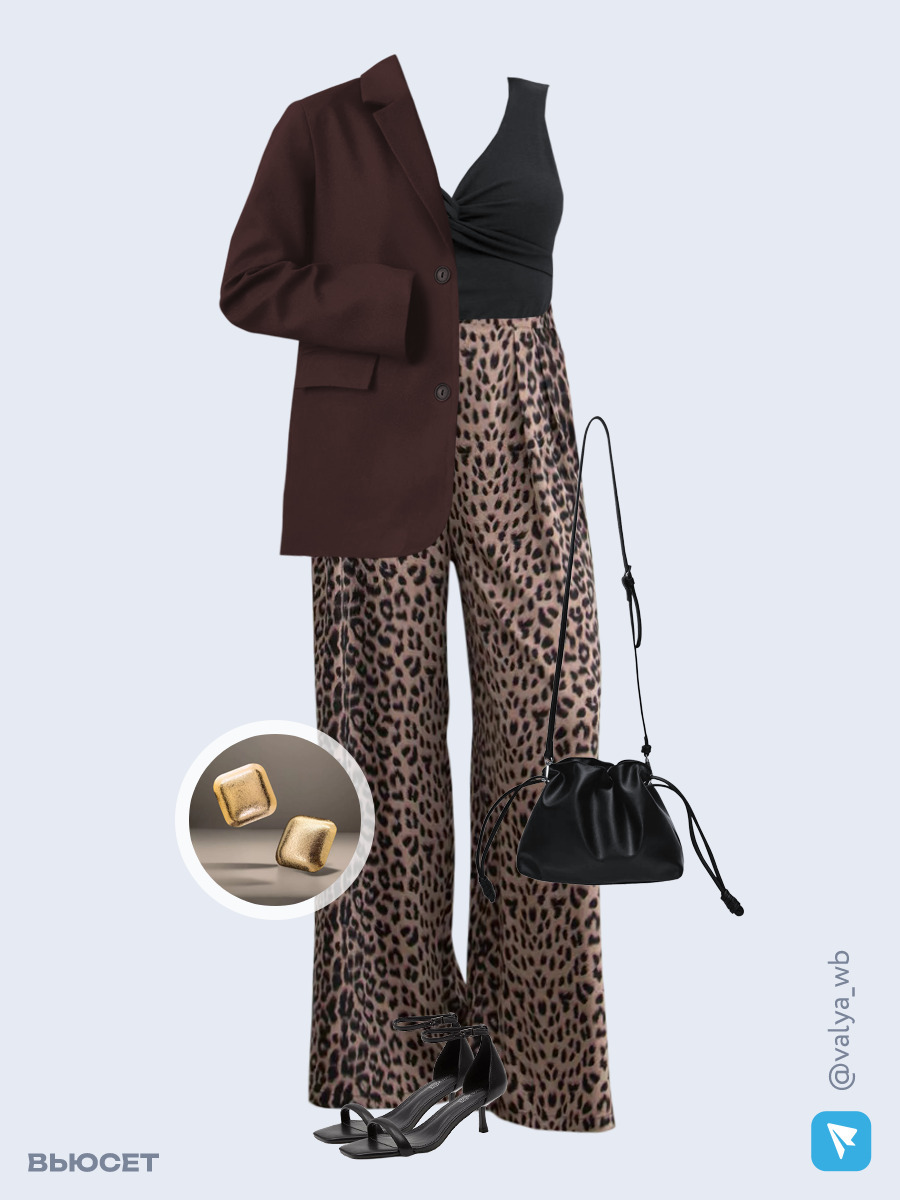 Образ с Вайлдберриз с артикулами (жакет, топ, брюки, сумка, босоножки, серьги)