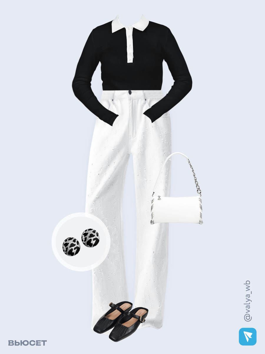 Образ с Вайлдберриз с артикулами (лонгслив, джинсы, сумка, мюли, серьги)