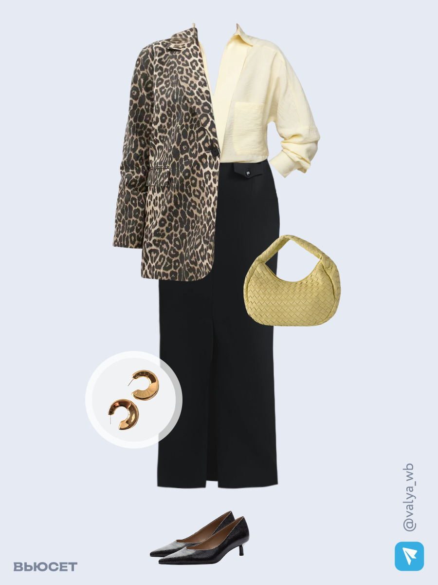 Образ с Вайлдберриз с артикулами (жакет, блузка, юбка, сумка, туфли, серьги)