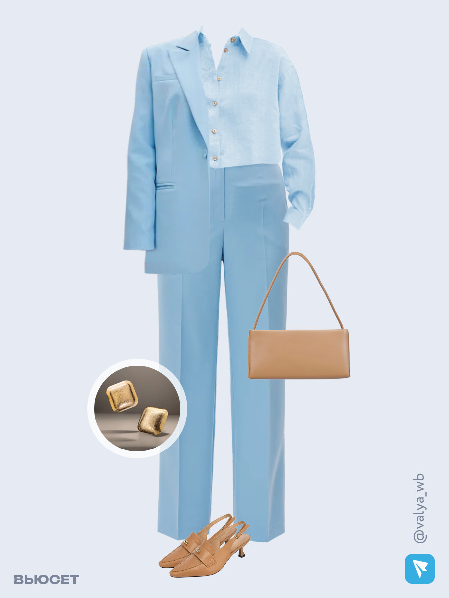 Образ с Вайлдберриз с артикулами (костюм, рубашка, сумка, туфли, серьги)