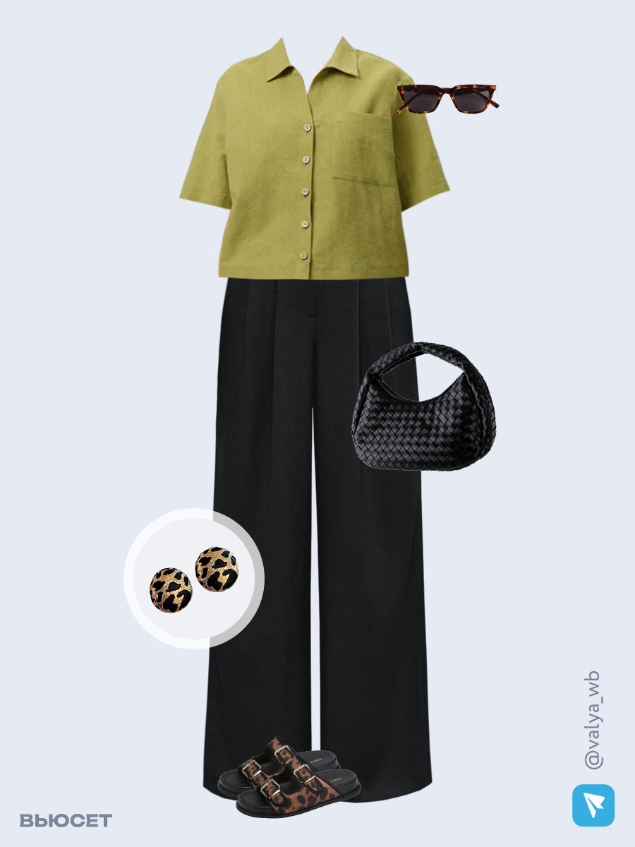 Образ с Вайлдберриз с артикулами (рубашка, брюки, сумка, сабо, очки, серьги)