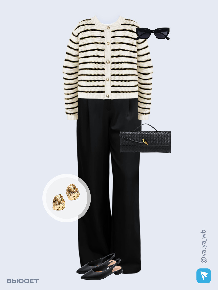 Образ с Вайлдберриз с артикулами (кардиган, футболка, брюки, сумка, туфли, очки, серьги)