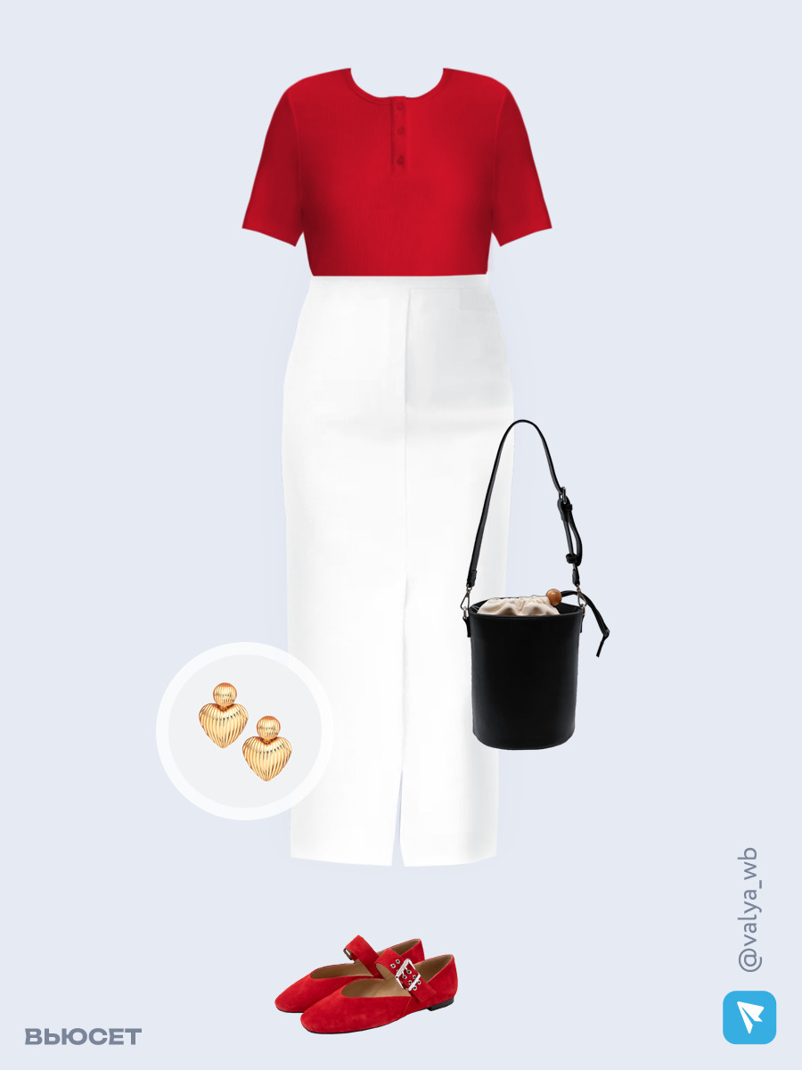 Образ с Вайлдберриз с артикулами (футболка, юбка, сумка, туфли, серьги)