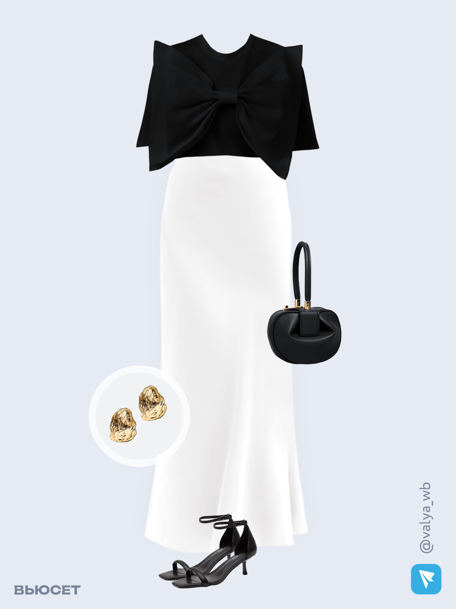 Образ с Вайлдберриз с артикулами (футболка, юбка, сумка, босоножки, серьги)