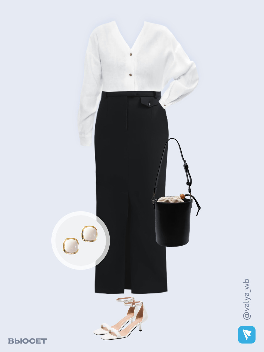 Образ с Вайлдберриз с артикулами (рубашка, юбка, сумка, босоножки, серьги)