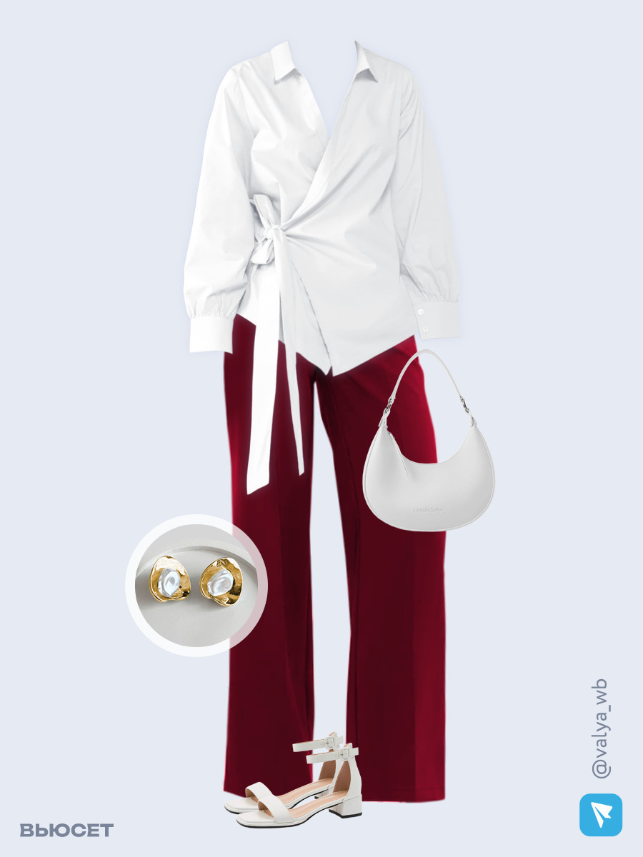 Образ с Вайлдберриз с артикулами (блуза, брюки, сумка, босоножки, серьги)