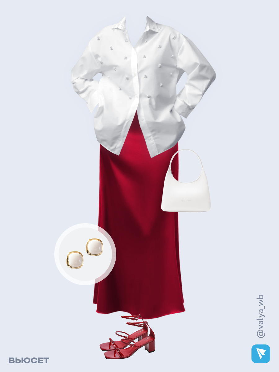 Образ с Вайлдберриз с артикулами (рубашка, юбка, сумка, босоножки, серьги)