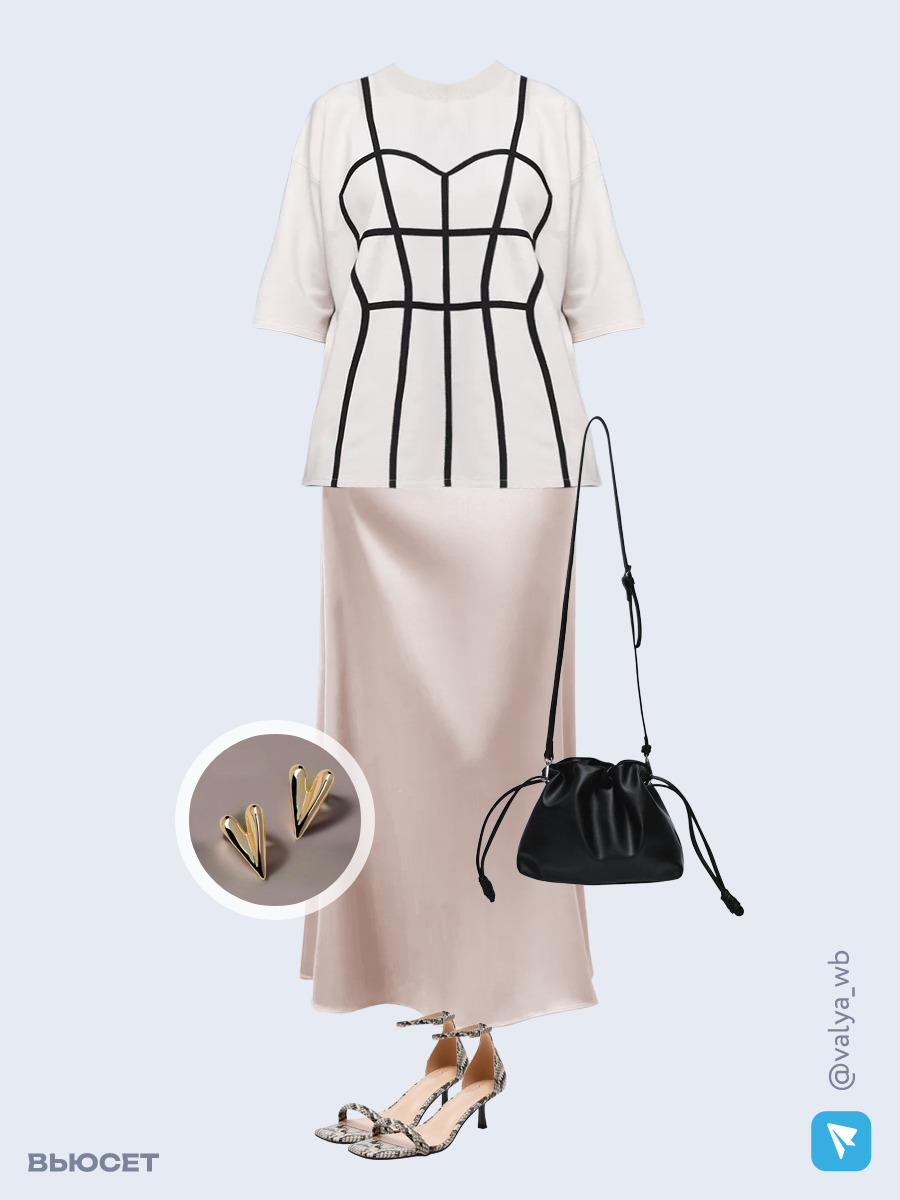 Образ с Вайлдберриз с артикулами (футболка, юбка, сумка, босоножки, серьги)