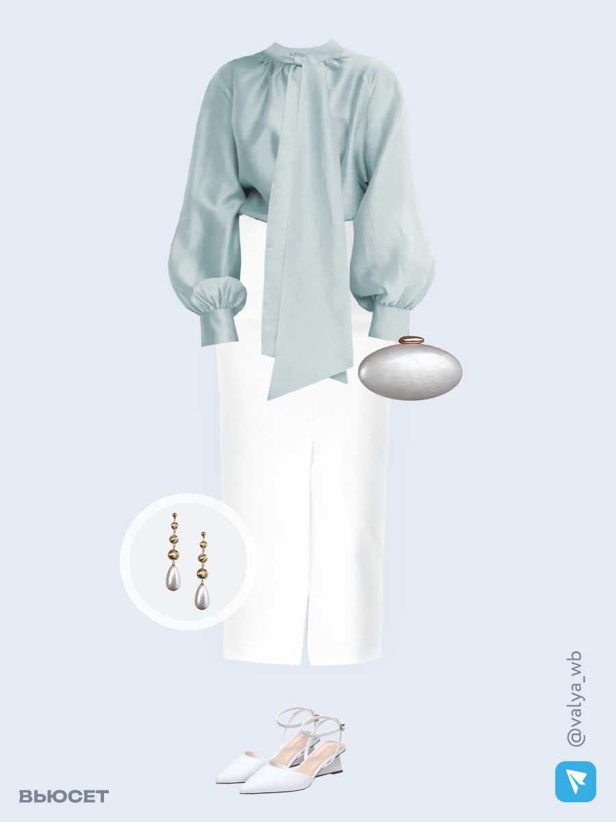 Образ с Вайлдберриз с артикулами (блуза, юбка, клатч, туфли, серьги)