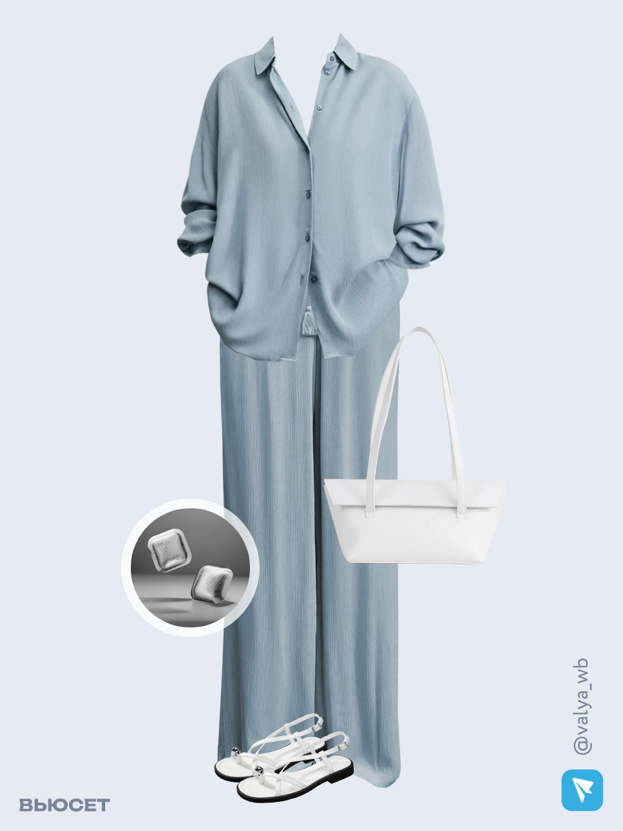 Образ с Вайлдберриз с артикулами (рубашка, брюки, сумка, сандалии, серьги)