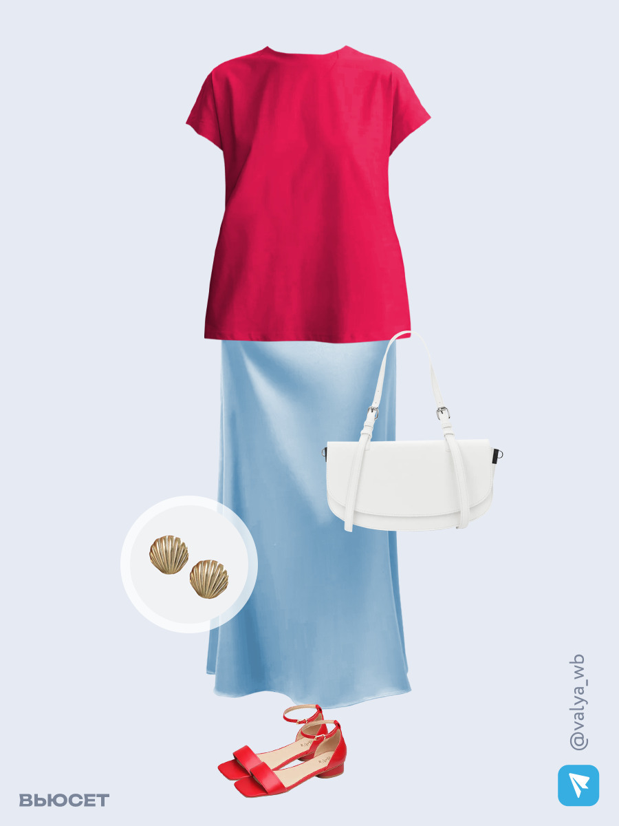 Образ с Вайлдберриз с артикулами (футболка, юбка, сумка, босоножки, серьги)