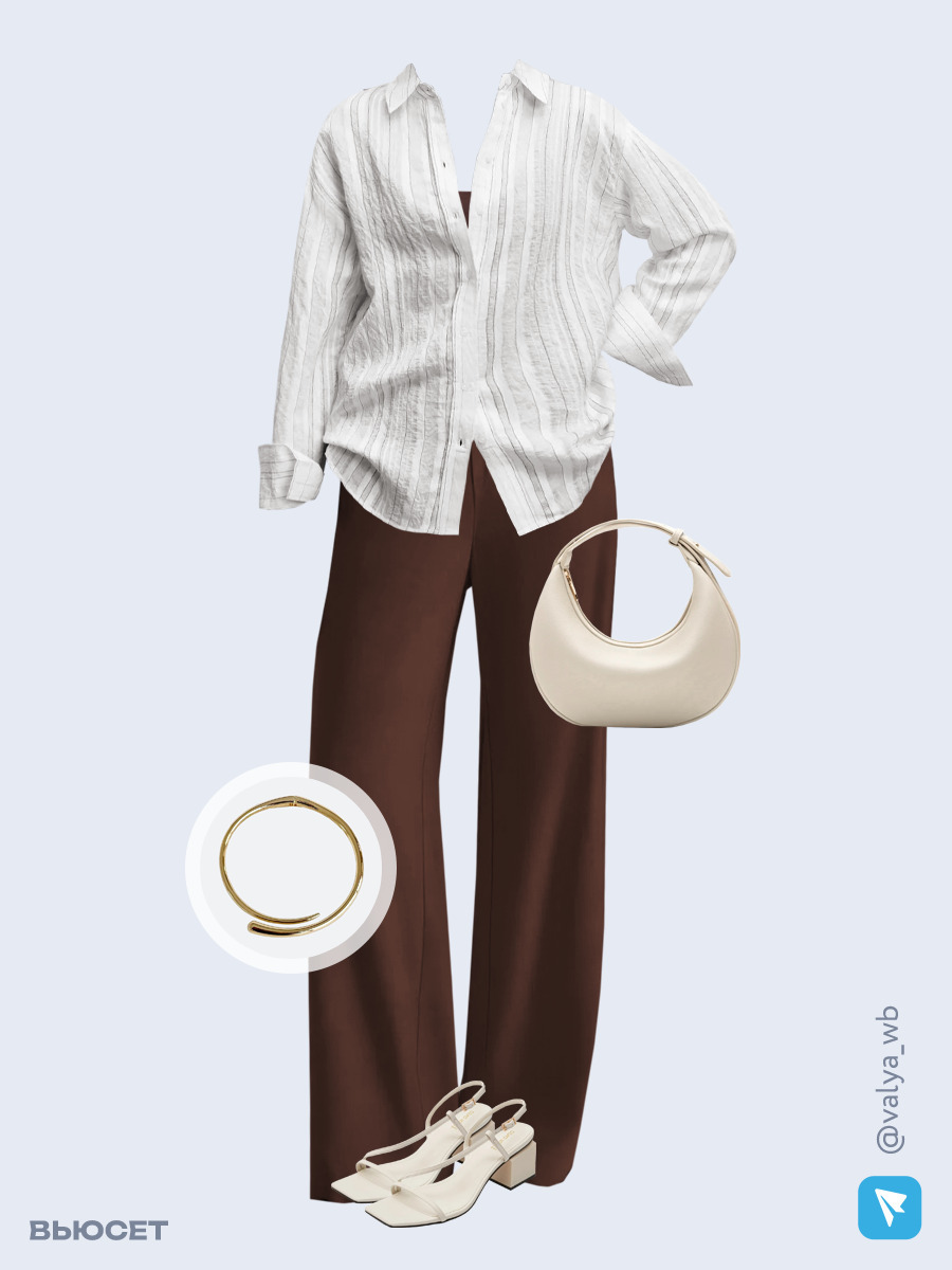 Образ с Вайлдберриз с артикулами (рубашка, топ, брюки, сумка, босоножки, колье)