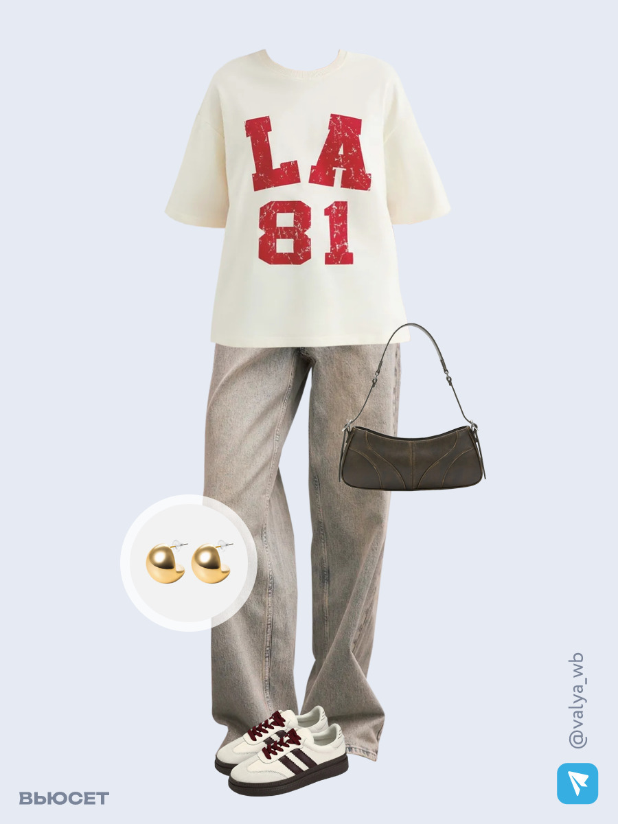 Образ с Вайлдберриз с артикулами (футболка, джинсы, сумка, кеды, серьги)
