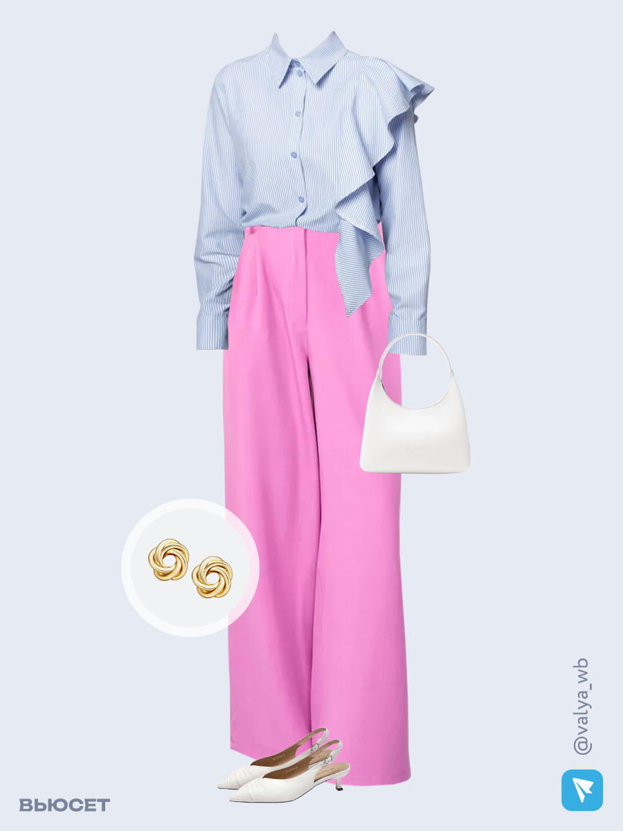 Образ с Вайлдберриз с артикулами (блуза, брюки, сумка, туфли, серьги)