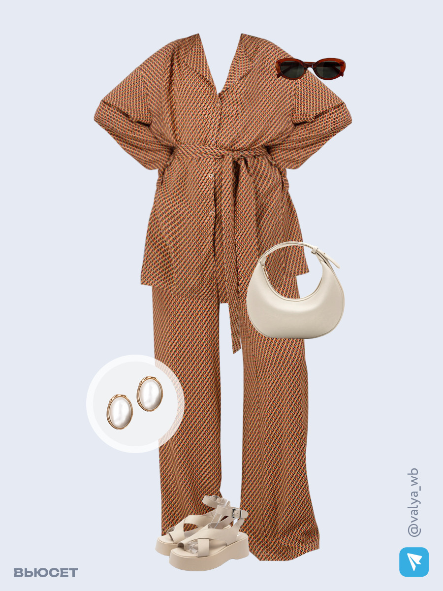 Образ с Вайлдберриз с артикулами (рубашка, брюки, сумка, босоножки, очки, серьги)