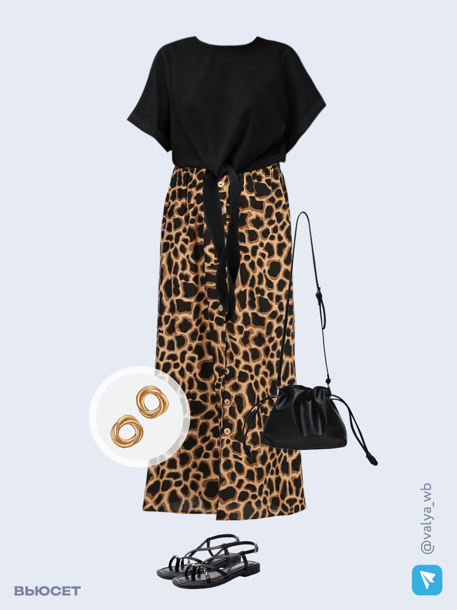 Образ с Вайлдберриз с артикулами (футболка, юбка, сумка, сандалии, серьги)