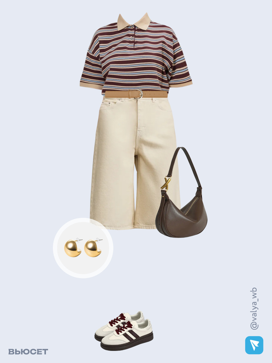 Образ с Вайлдберриз с артикулами (футболка, шорты, сумка, кеды, серьги, ремень)