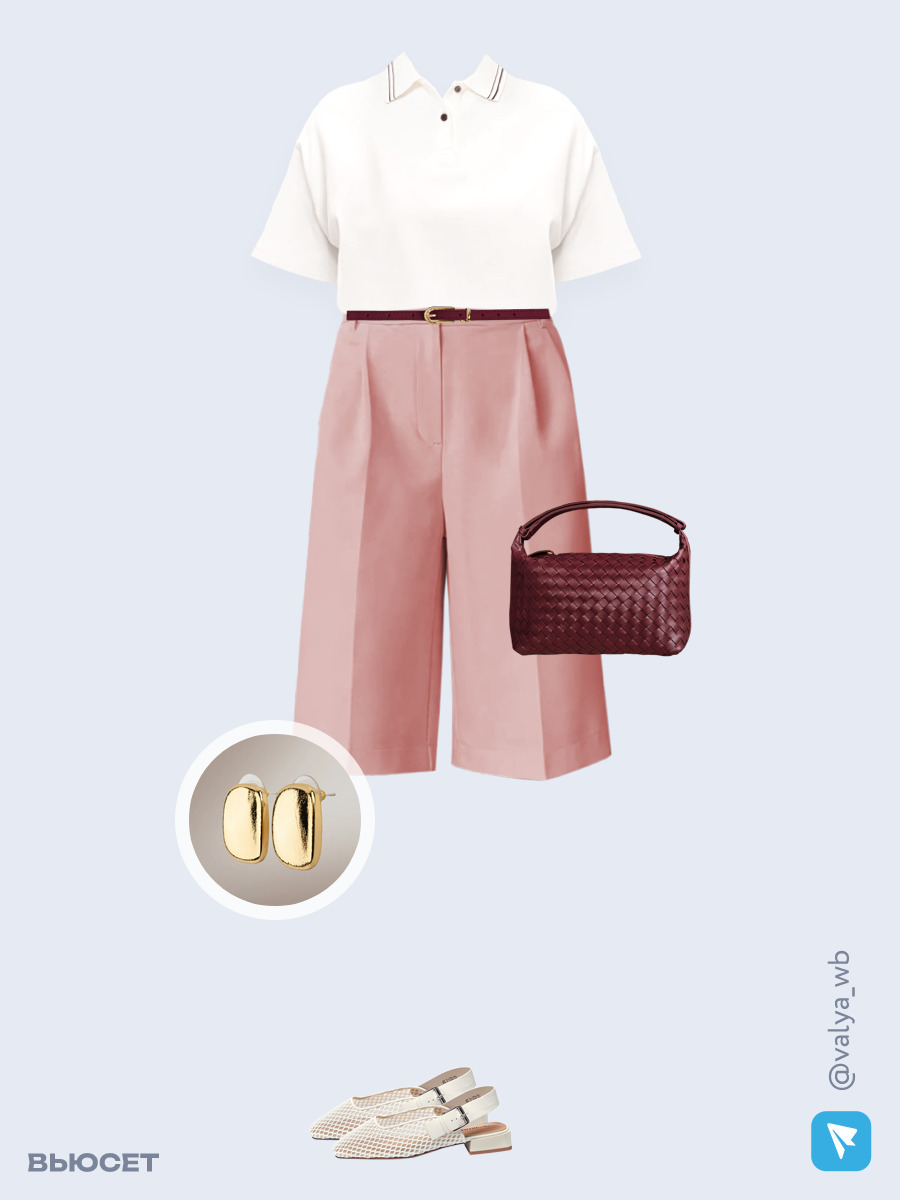 Образ с Вайлдберриз с артикулами (футболка, шорты, сумка, туфли, серьги, ремень)