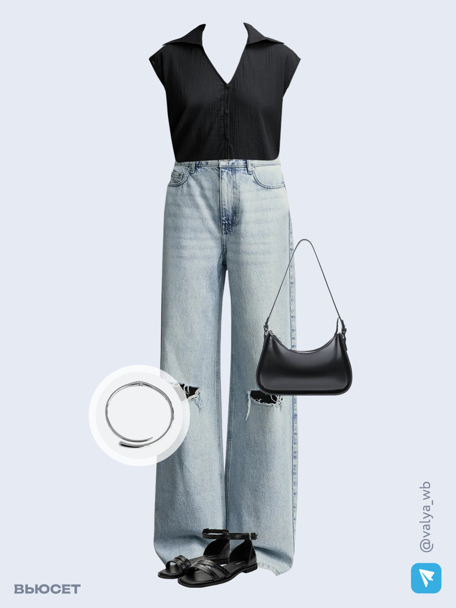 Образ с Вайлдберриз с артикулами (блуза, джинсы, сумка, сандалии, колье)