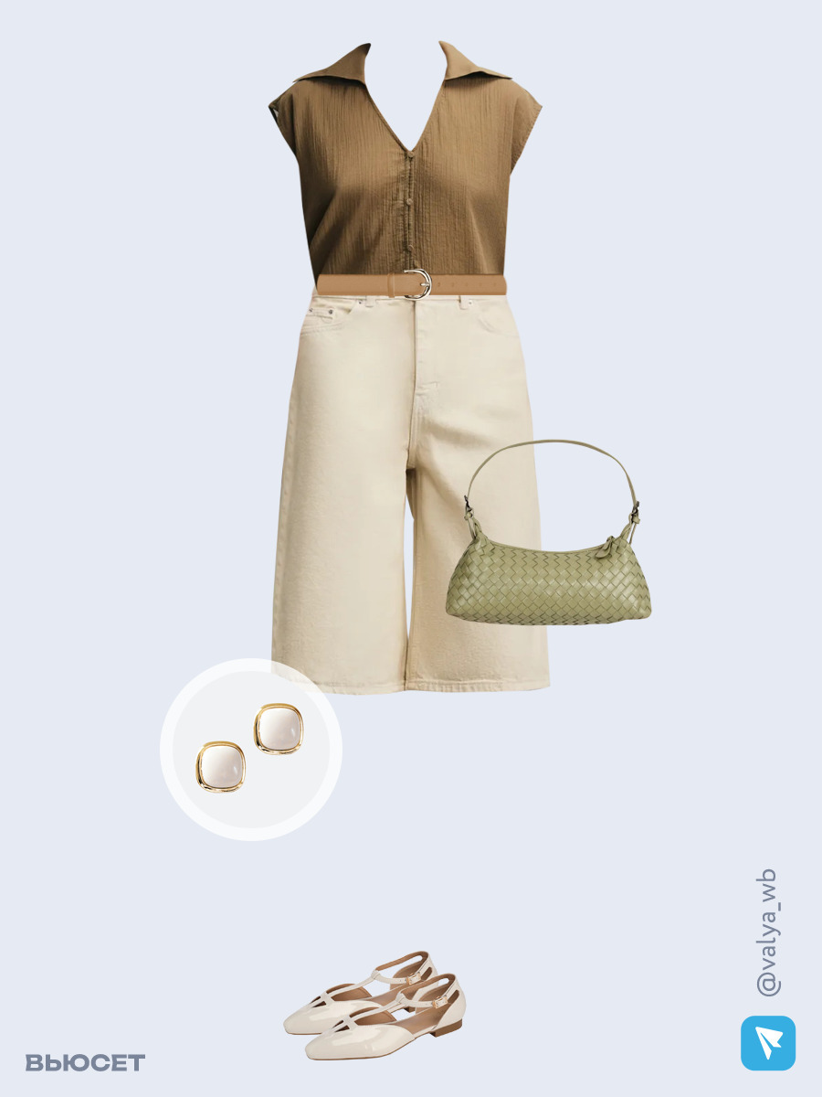 Образ с Вайлдберриз с артикулами (блуза, шорты, сумка, туфли, серьги, ремень)