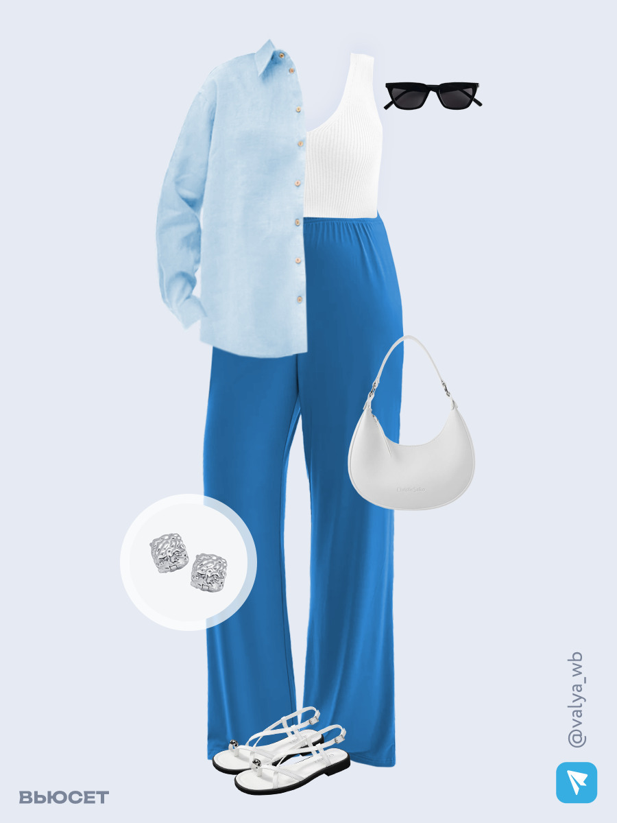 Образ с Вайлдберриз с артикулами (рубашка, топ, брюки, сумка, сандалии, очки, серьги)