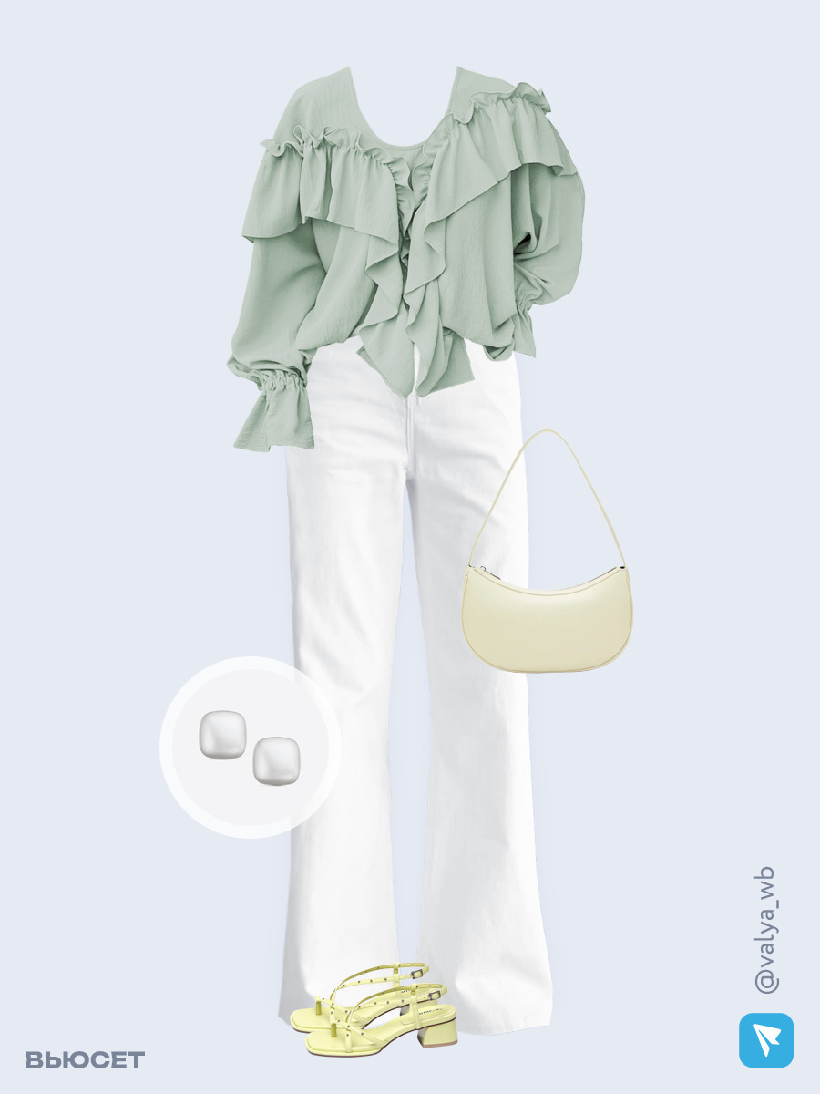 Образ с Вайлдберриз с артикулами (блуза, джинсы, сумка, босоножки, серьги)