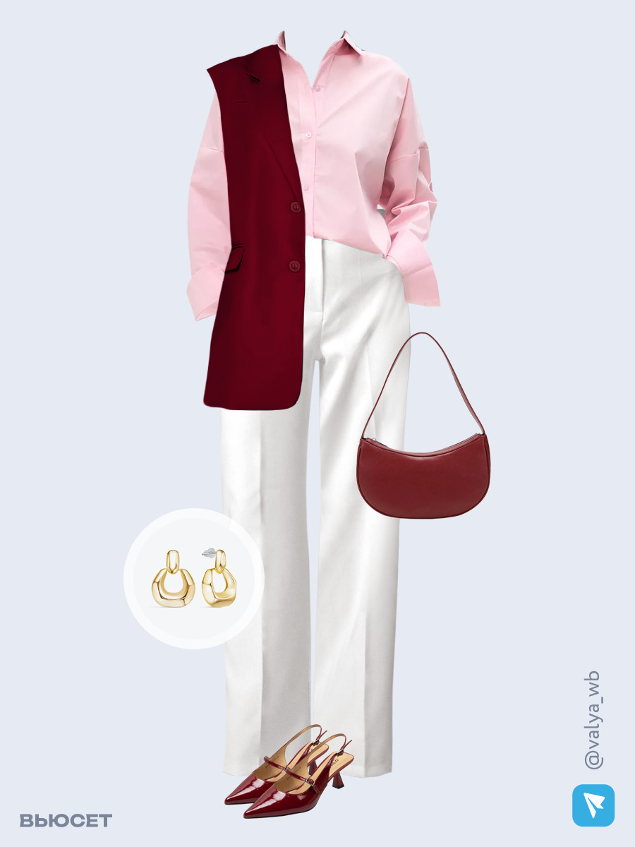 Образ с Вайлдберриз с артикулами (жилет, рубашка, брюки, сумка, туфли, серьги)