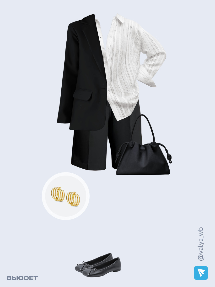 Образ с Вайлдберриз с артикулами (жакет, рубашка, шорты, сумка, балетки, серьги)