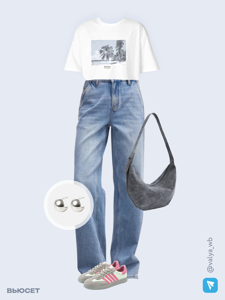 Образ с Вайлдберриз с артикулами (футболка, джинсы, сумка, кеды, серьги)