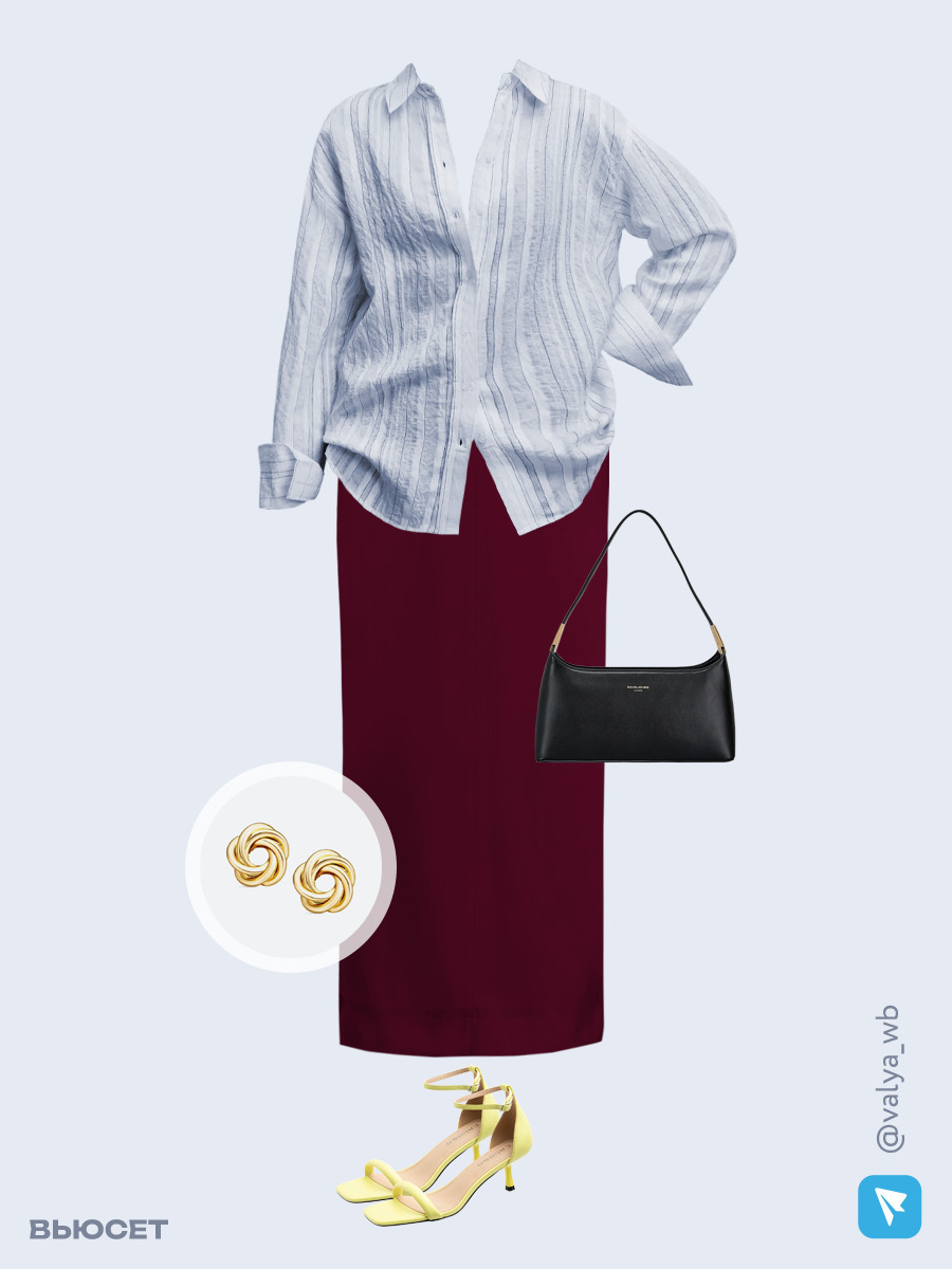 Образ с Вайлдберриз с артикулами (рубашка, юбка, сумка, босоножки, серьги)