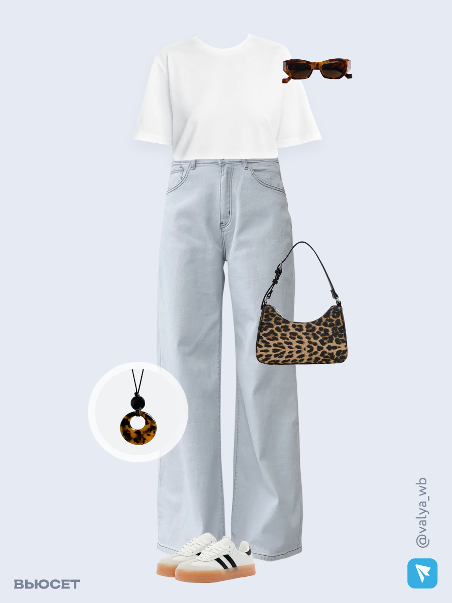 Образ с Вайлдберриз с артикулами (футболка, джинсы, сумка, кеды, очки, подвеска)