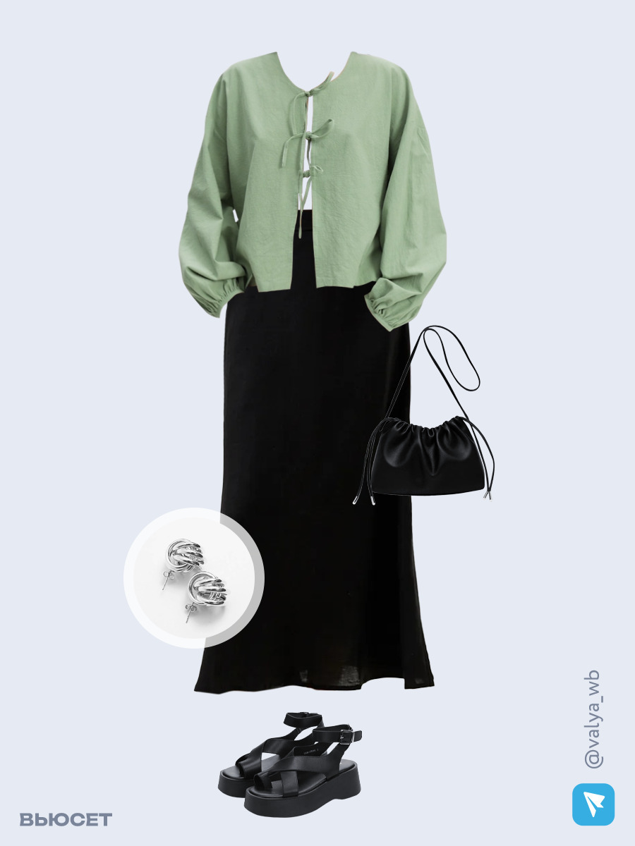 Образ с Вайлдберриз с артикулами (блузка, юбка, сумка, сандалии, серьги)