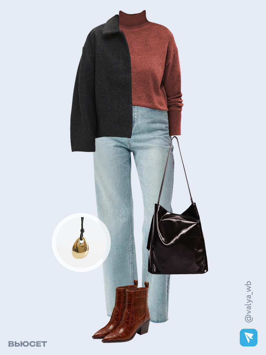 Образ с Вайлдберриз с артикулами (пальто, джемпер, джинсы, сумка, ботильоны, кулон)