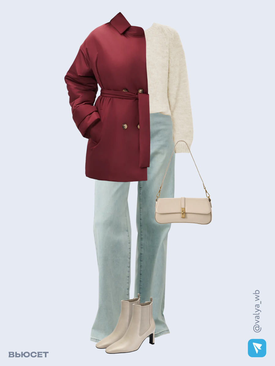 Образ с Вайлдберриз с артикулами (куртка, свитер, джинсы, сумка, ботильоны)