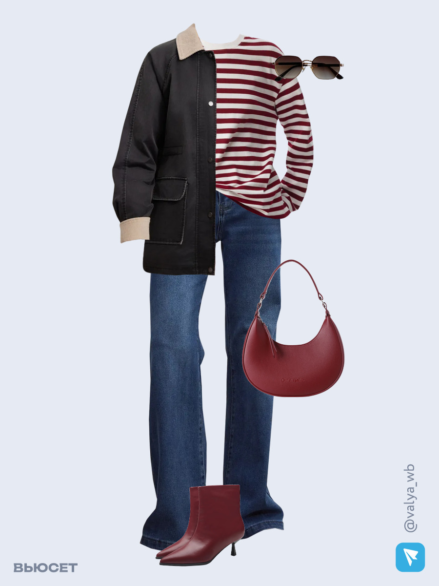 Образ с Вайлдберриз с артикулами (куртка, лонгслив, джинсы, сумка, ботильоны, очки)