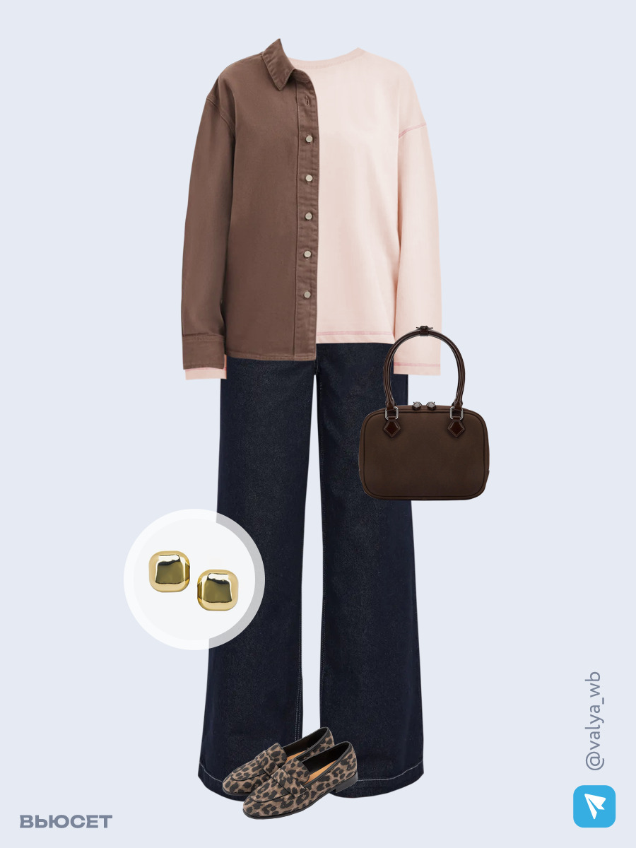 Образ с Вайлдберриз с артикулами (рубашка, лонгслив, джинсы, сумка, лоферы, серьги)