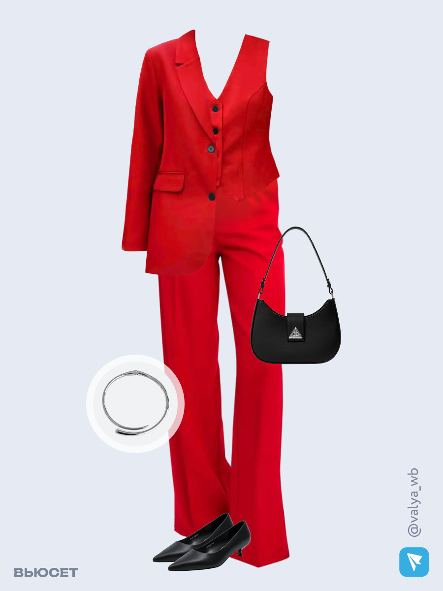 Образ с Вайлдберриз с артикулами (жакет, жилет, брюки, сумка, туфли, колье)