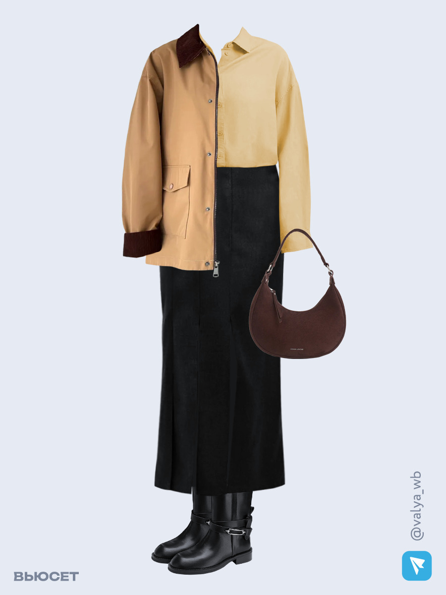 Образ с Вайлдберриз с артикулами (куртка, рубашка, юбка, сумка, полусапожки)