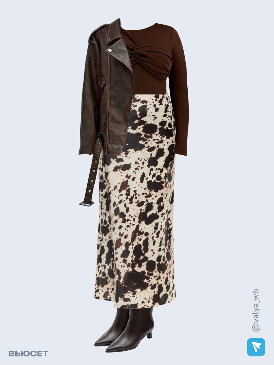 Образ с Вайлдберриз с артикулами (куртка, лонгслив, юбка, ботильоны)