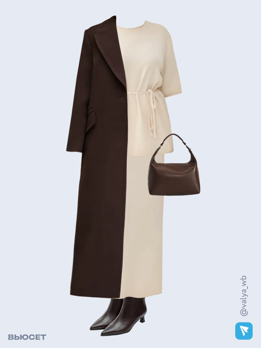 Образ с Вайлдберриз с артикулами (пальто, костюм, сумка, ботильоны)