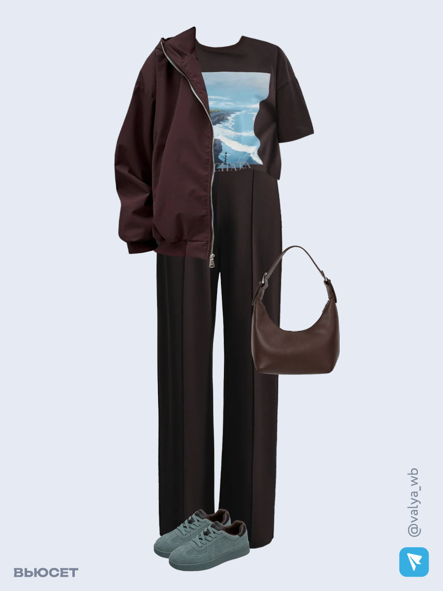 Образ с Вайлдберриз с артикулами (куртка, футболка, брюки, сумка, кеды)