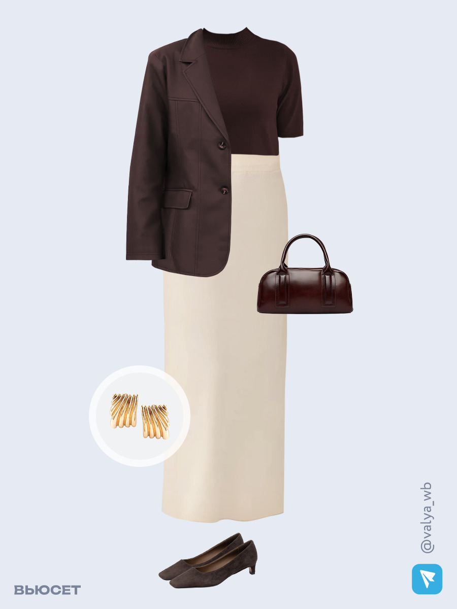 Образ с Вайлдберриз с артикулами (жакет, джемпер, костюм, сумка, туфли, серьги)