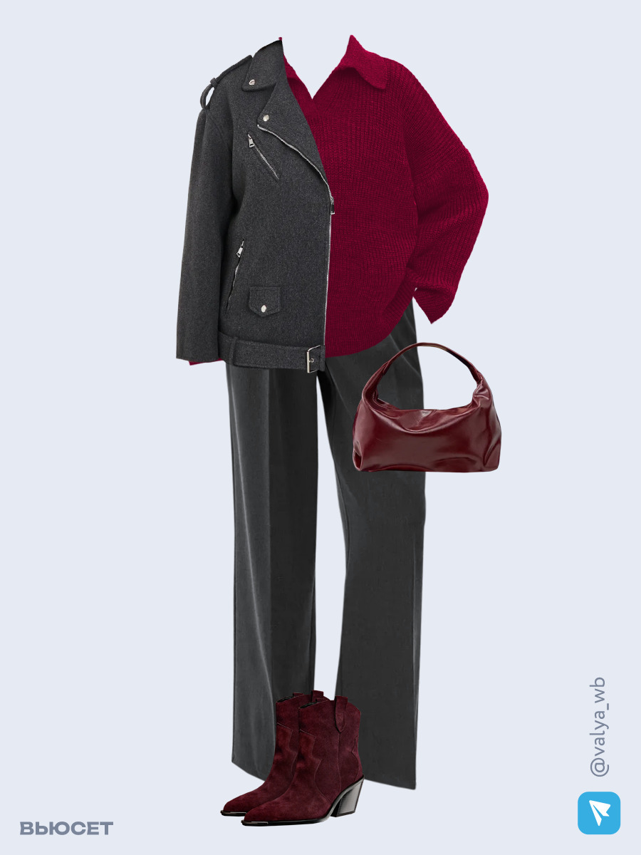 Образ с Вайлдберриз с артикулами (куртка, свитер, брюки, сумка, ботильоны)