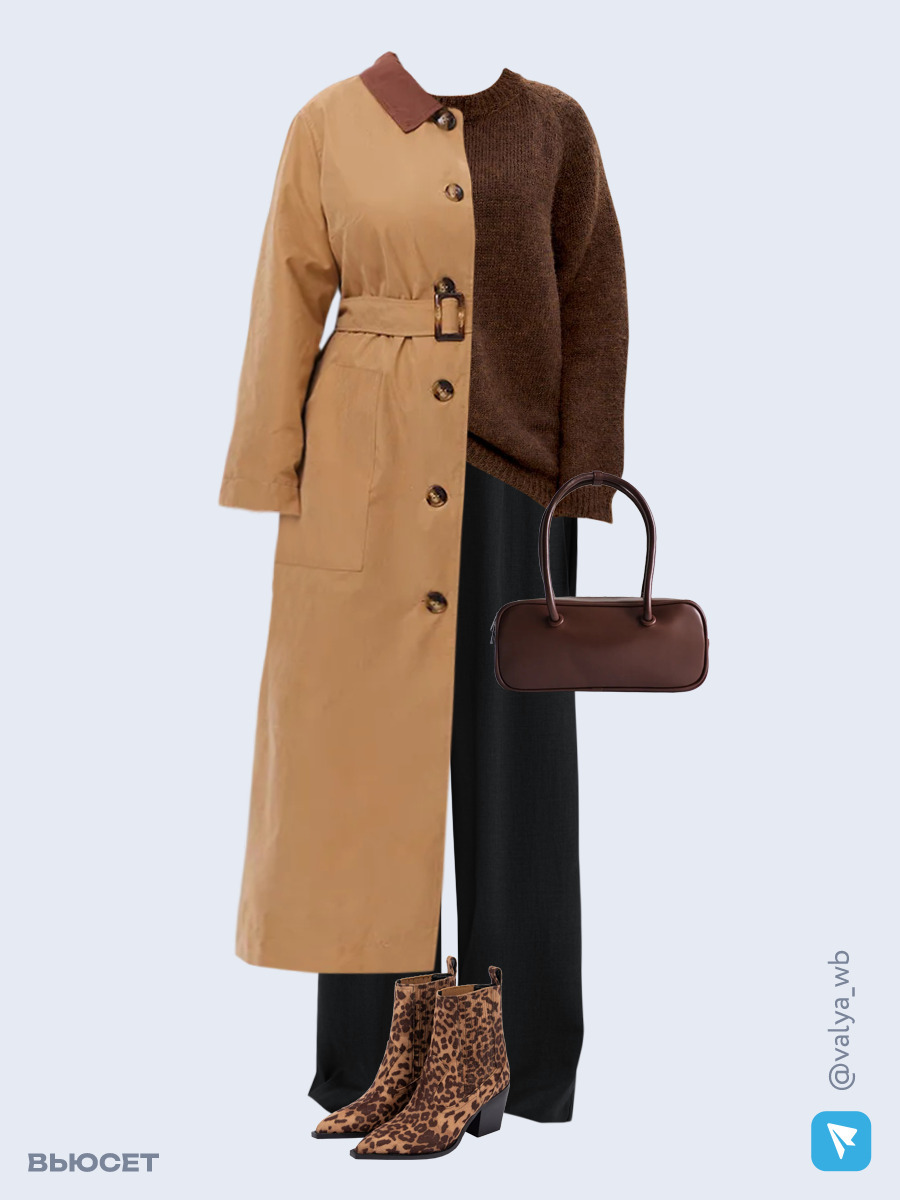 Образ с Вайлдберриз с артикулами (плащ, свитер, брюки, сумка, ботильоны)